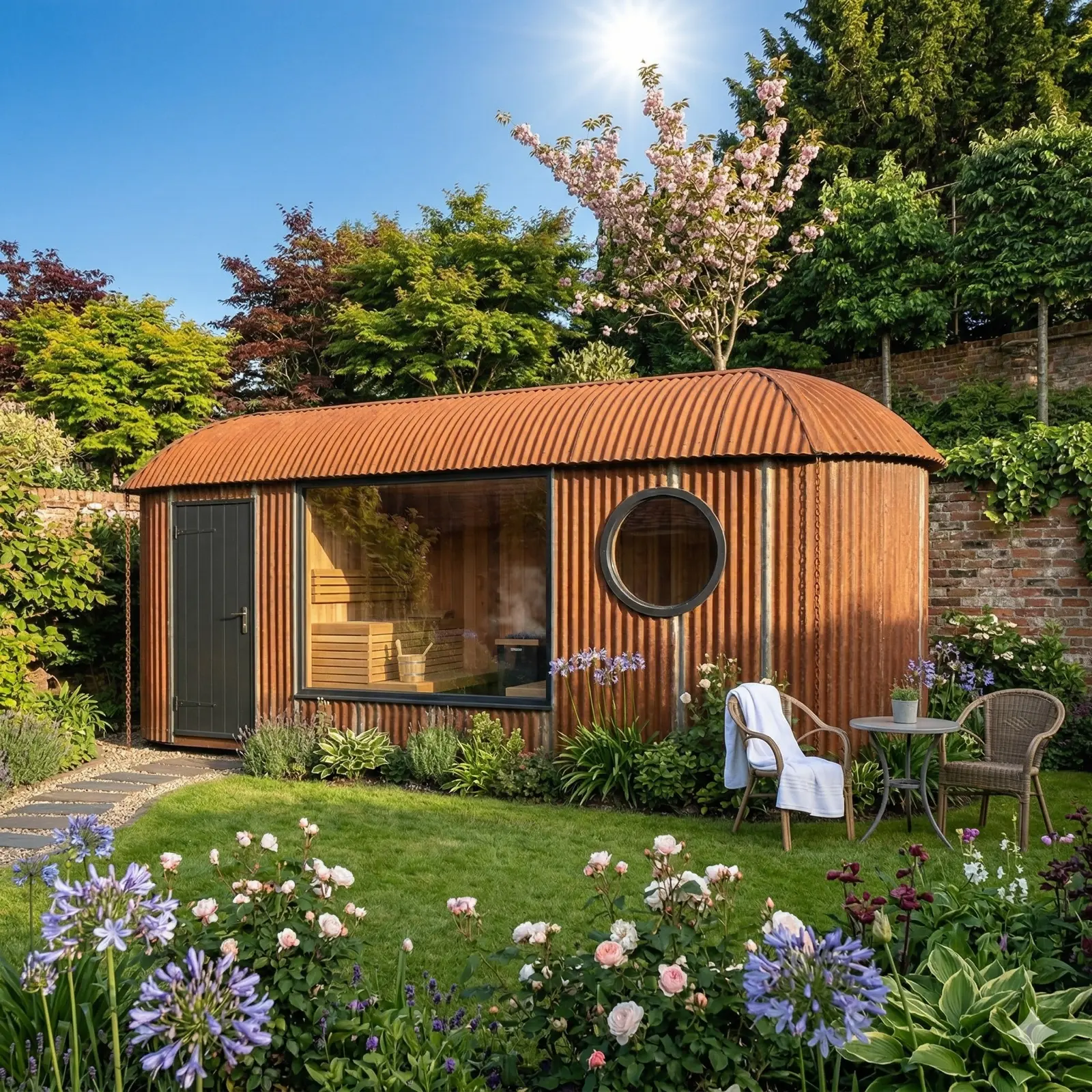 Outdoor sauna building in a garden